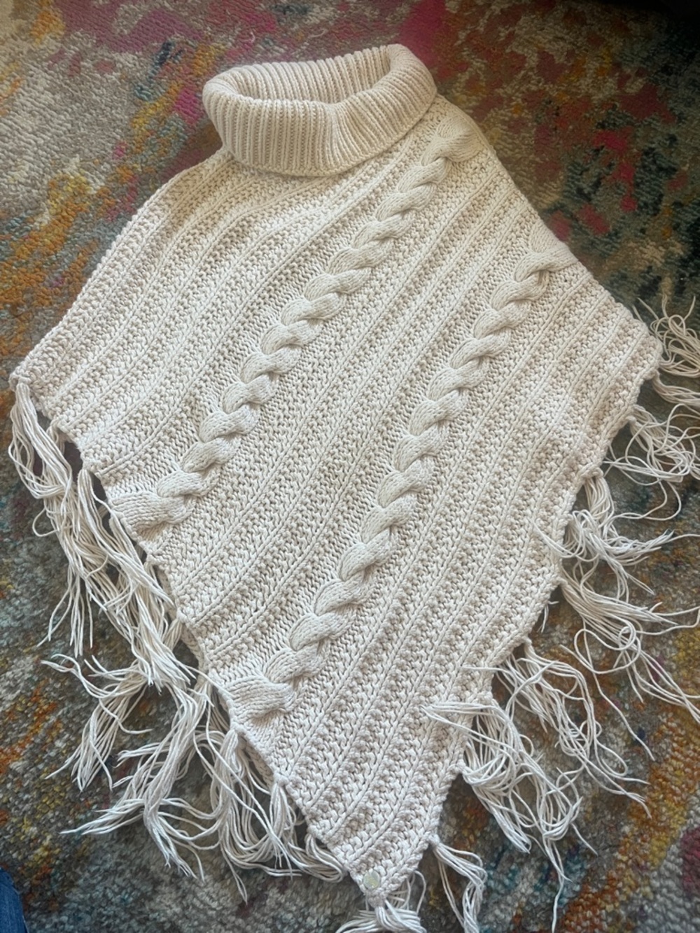 Cream Cable Knit Turtleneck Poncho with Fringe